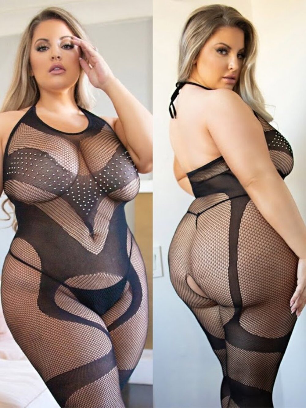Rhinestone Fishnet Bodystocking Queen Plus Size Crotchless Lingerie Killer legs